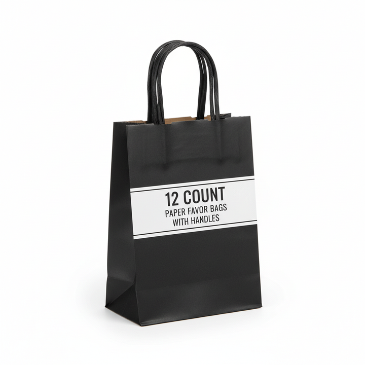 Black favor bags with handles stack