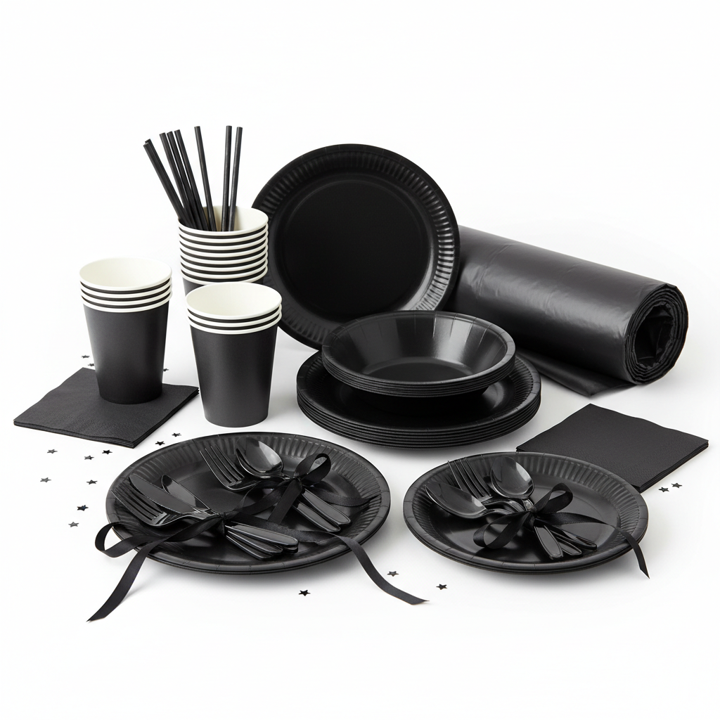 Ultimate black tableware party bundle for 24 guests - complete premium party set